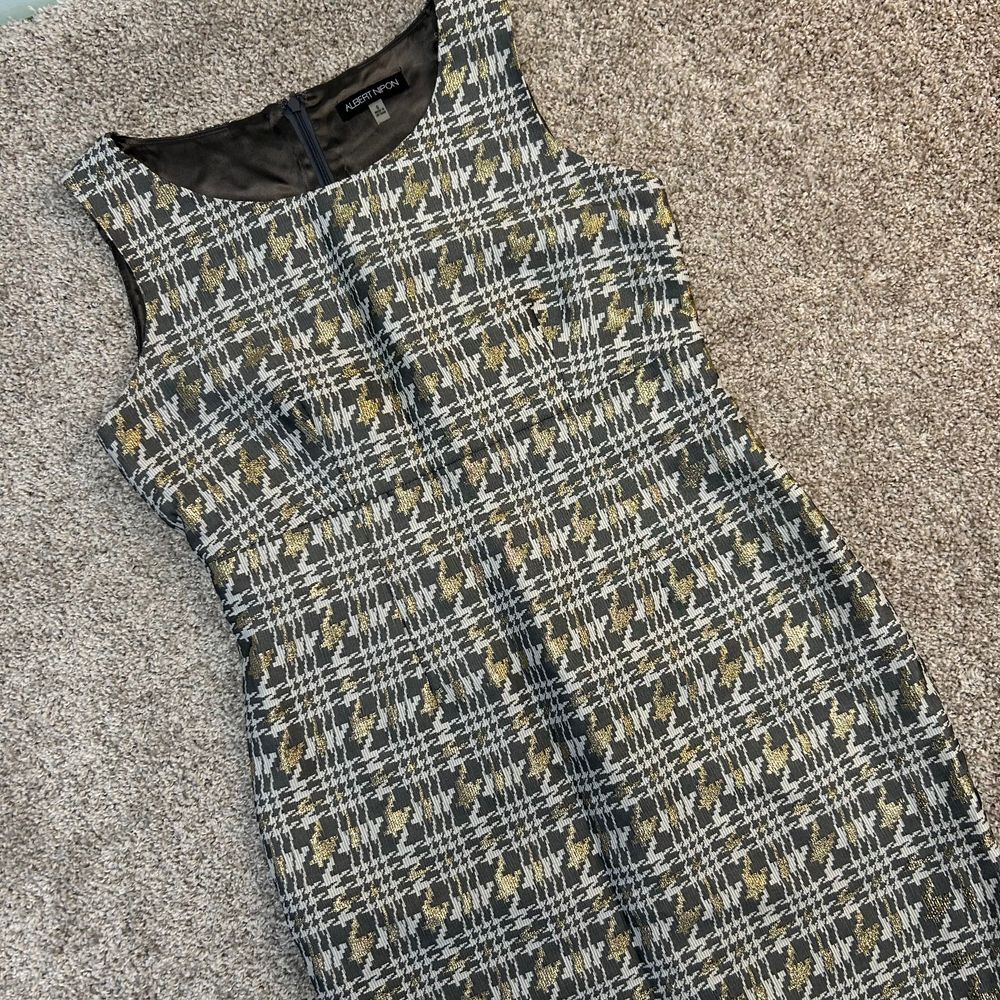 Albert Nipon Metallic Plaid Dress‎ Gray Gold Women Size 6 NICE